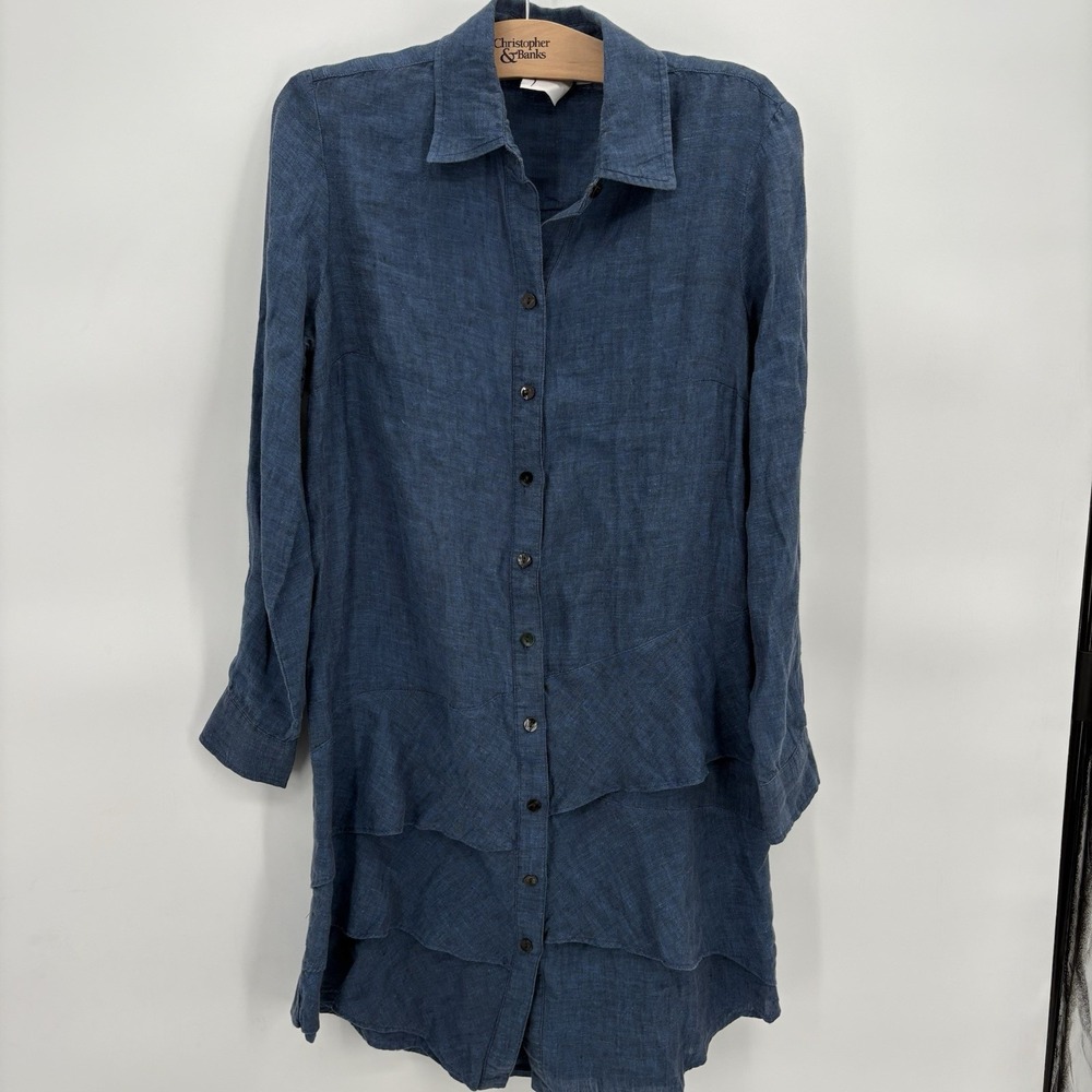 Finley Jenna Ruffle-Trim Linen Shirt‎ Roll Tab Sleeves Size XS Navy Blue, Light